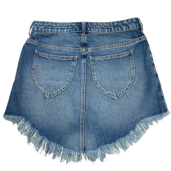 We The Free People Womens Mini Jean Skirt Blue Pockets Fringe Fly Denim 27 New - Picture 2 of 12